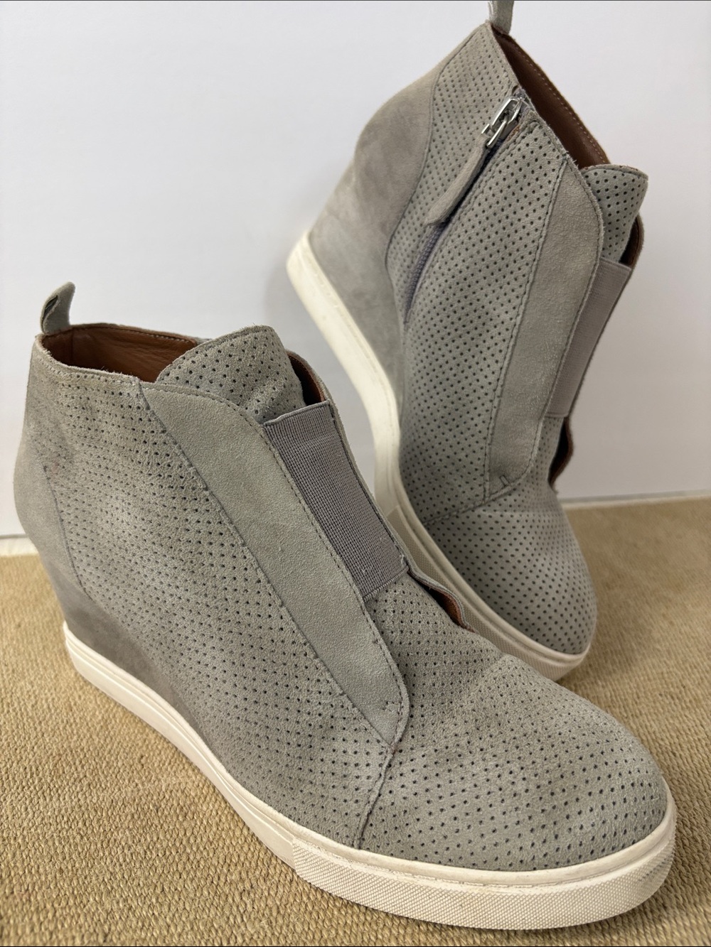 Paolo Felicia Perforated Suede Wedge Sneaker Booties in Light Gray Size 7.5